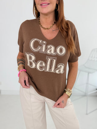 Feinstrick T-Shirt Braun mit Ciao Bella Print. Bei Levelone für Damen in Einheitsgrößen 36-42  - Levelone GmbH & Co. KG