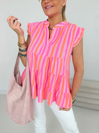 Musselin Bluse gestreift in Flieder-Pink-Orange für Damen in Einheitsgröße 36-42