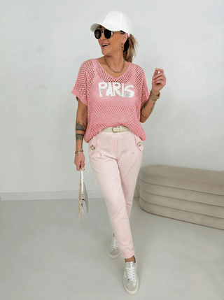 Stretchhose in Rosa mit dekorierten Klappen